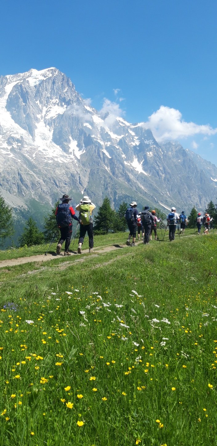 A hiker beneath the Mont Blanc massif